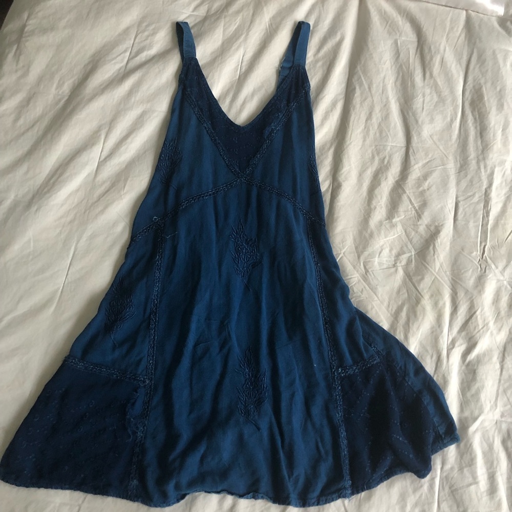 Blue patchwork boho hippie dress embroidered